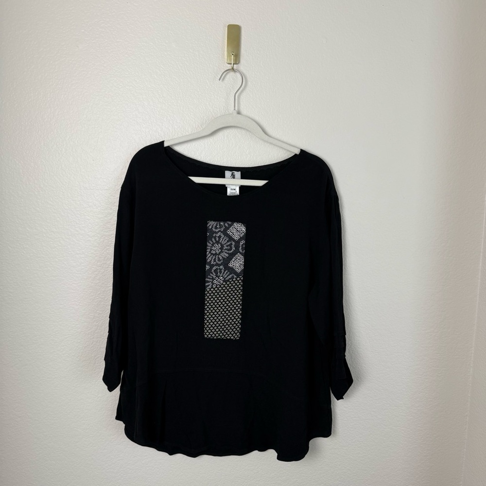 Yasuko Kurisaka Abstract Print Boxy Tunic Top Black Art To Wear Lagenlook S/M